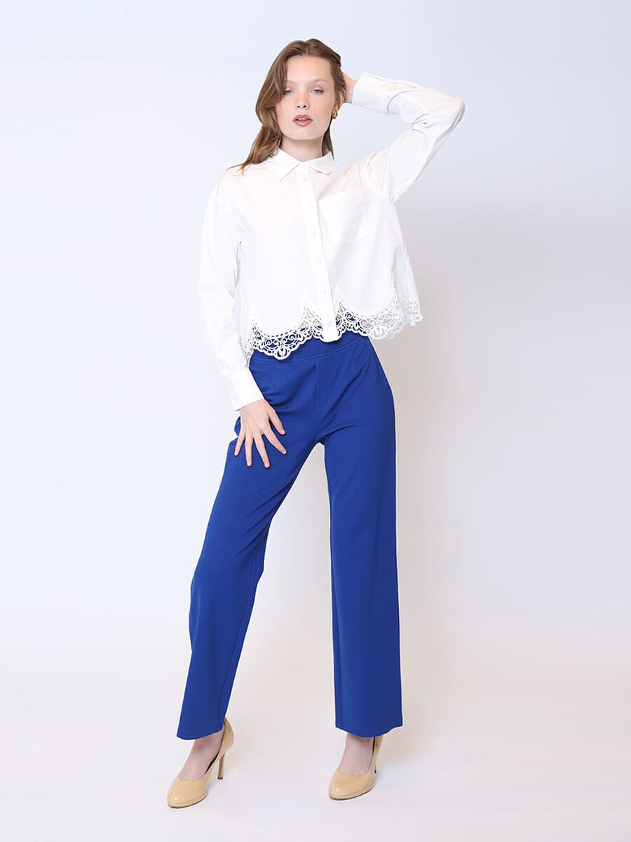 Lace Hem Long Sleeve Button-Down Shirt TOP Gracia Fashion WHITE S 