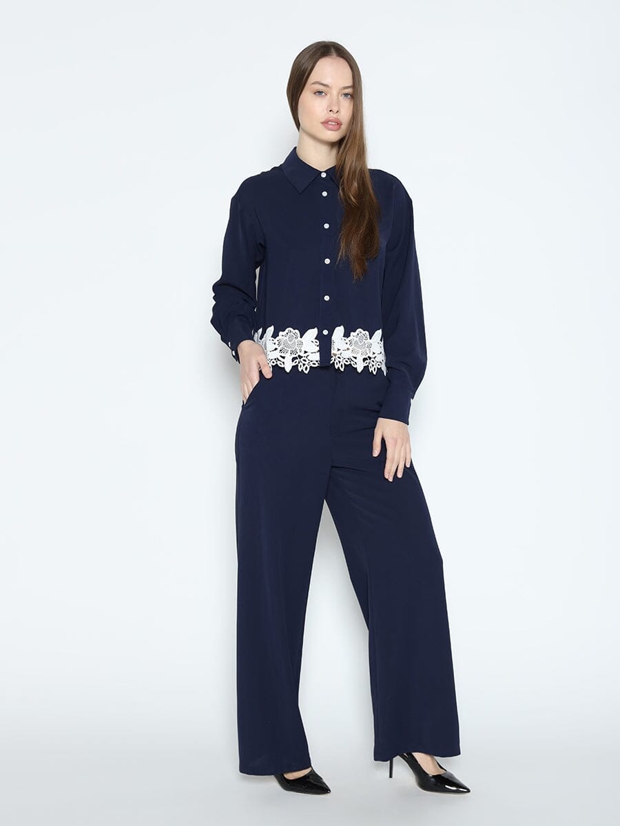 Lace Hem Long Sleeve Button Down Shirt TOP Gracia Fashion NAVY S 