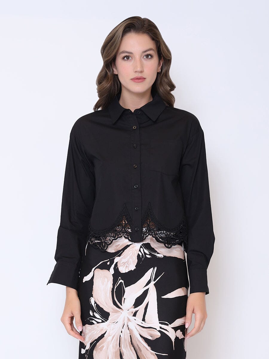 Lace Hem Long Sleeve Button-Down Shirt TOP Gracia Fashion BLACK S 