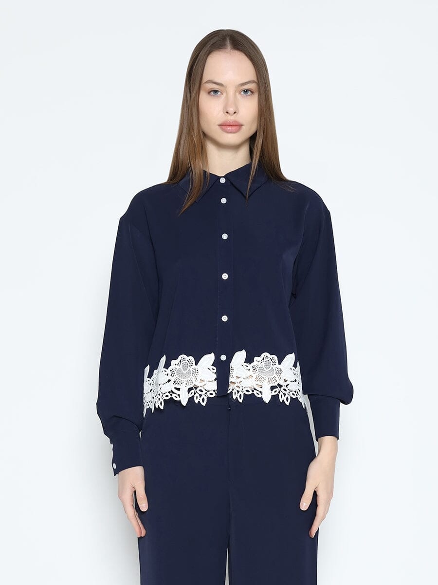Lace Hem Long Sleeve Button Down Shirt TOP Gracia Fashion NAVY S 