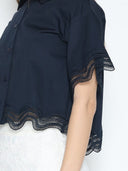 Lace Hem Short Sleeve Button-Down Shirt TOP Gracia Fashion 