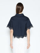 Lace Hem Short Sleeve Button-Down Shirt TOP Gracia Fashion 