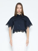 Lace Hem Short Sleeve Button-Down Shirt TOP Gracia Fashion NAVY S 
