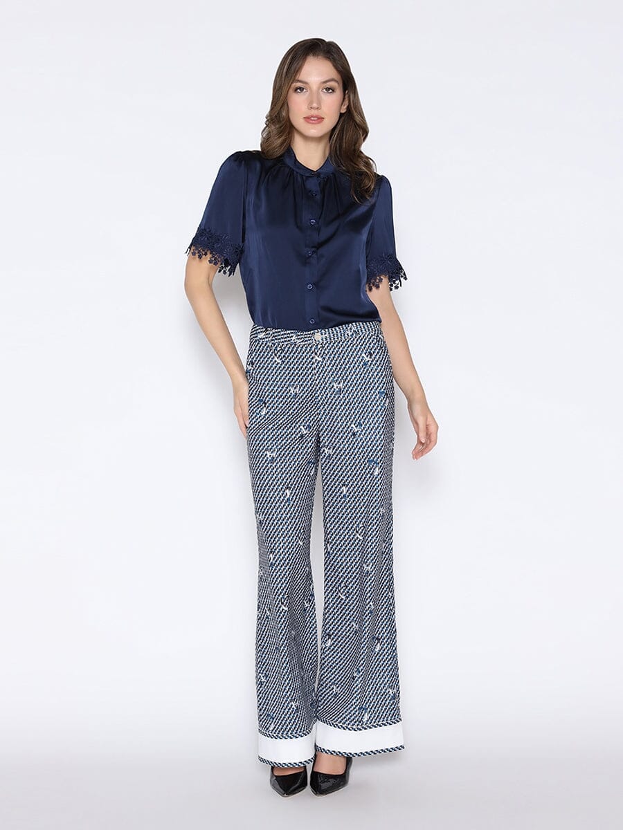 Lace Hem Short Sleeve Satin Round Neck Shirt TOP Gracia Fashion 