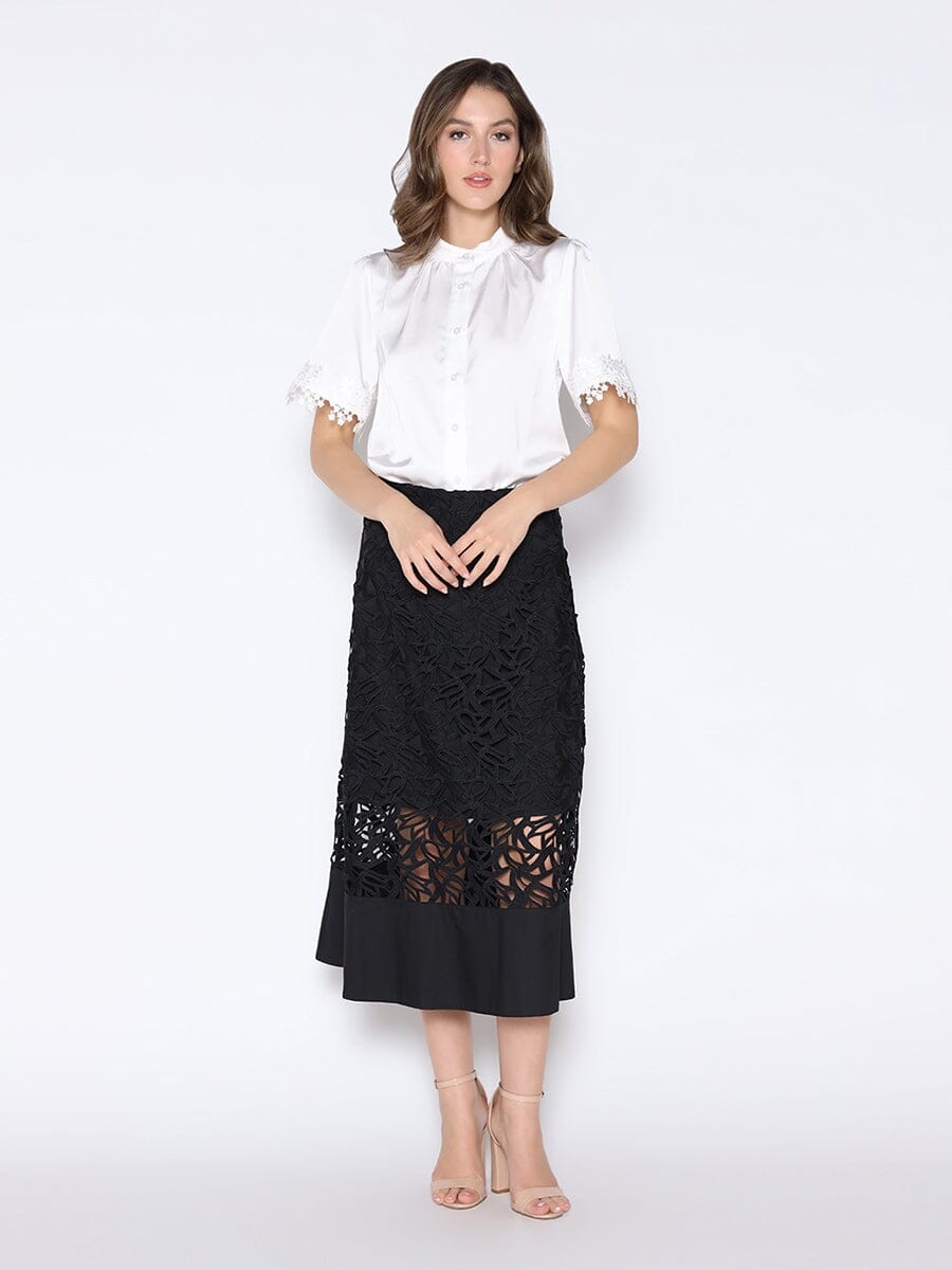 Lace Hem Short Sleeve Satin Round Neck Shirt TOP Gracia Fashion 