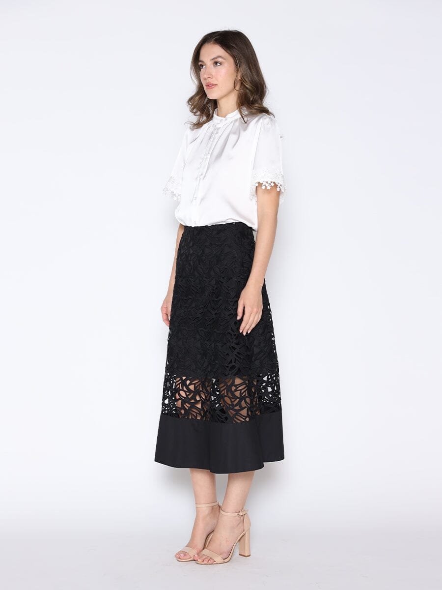 Lace Hem Short Sleeve Satin Round Neck Shirt TOP Gracia Fashion 