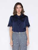 Lace Hem Short Sleeve Satin Round Neck Shirt TOP Gracia Fashion NAVY S 
