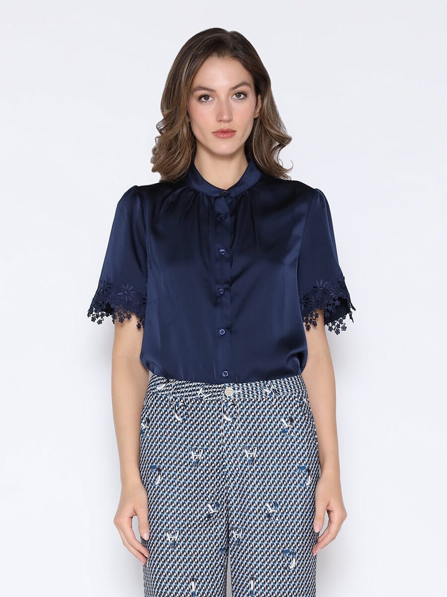 Lace Hem Short Sleeve Satin Round Neck Shirt TOP Gracia Fashion NAVY S 