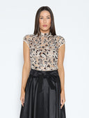 Lace Overlayed Cap Sleeve Mock Neck Top TOP Gracia Fashion BEIGE S 