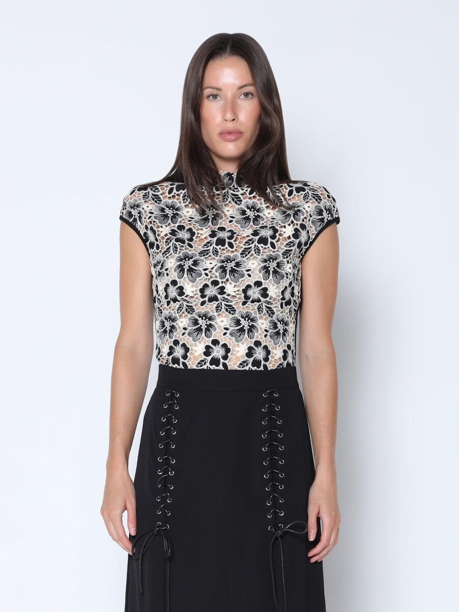 Lace Overlayed Cap Sleeve Top TOP Gracia Fashion BLACK S 
