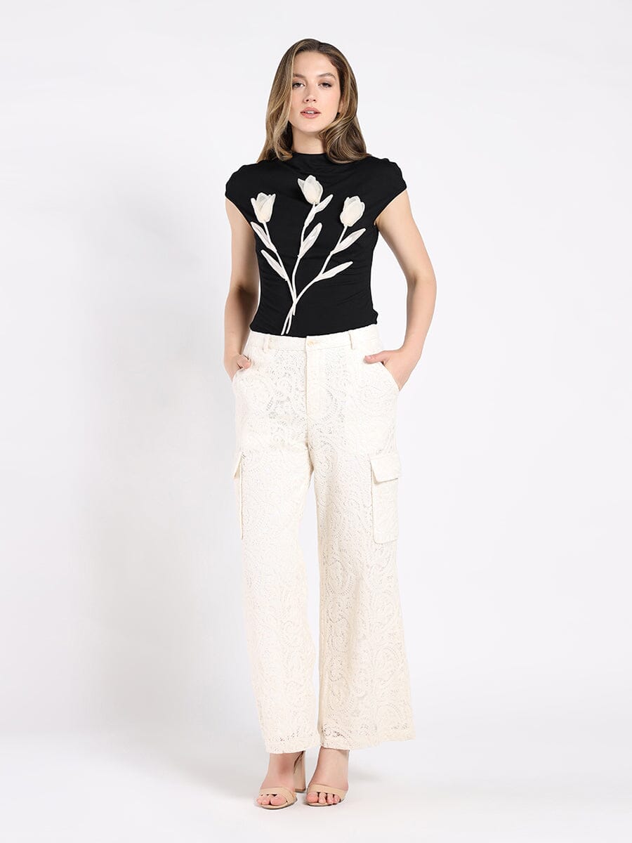 Lace print cargo long pant PANTS Gracia Fashion BEIGE S 