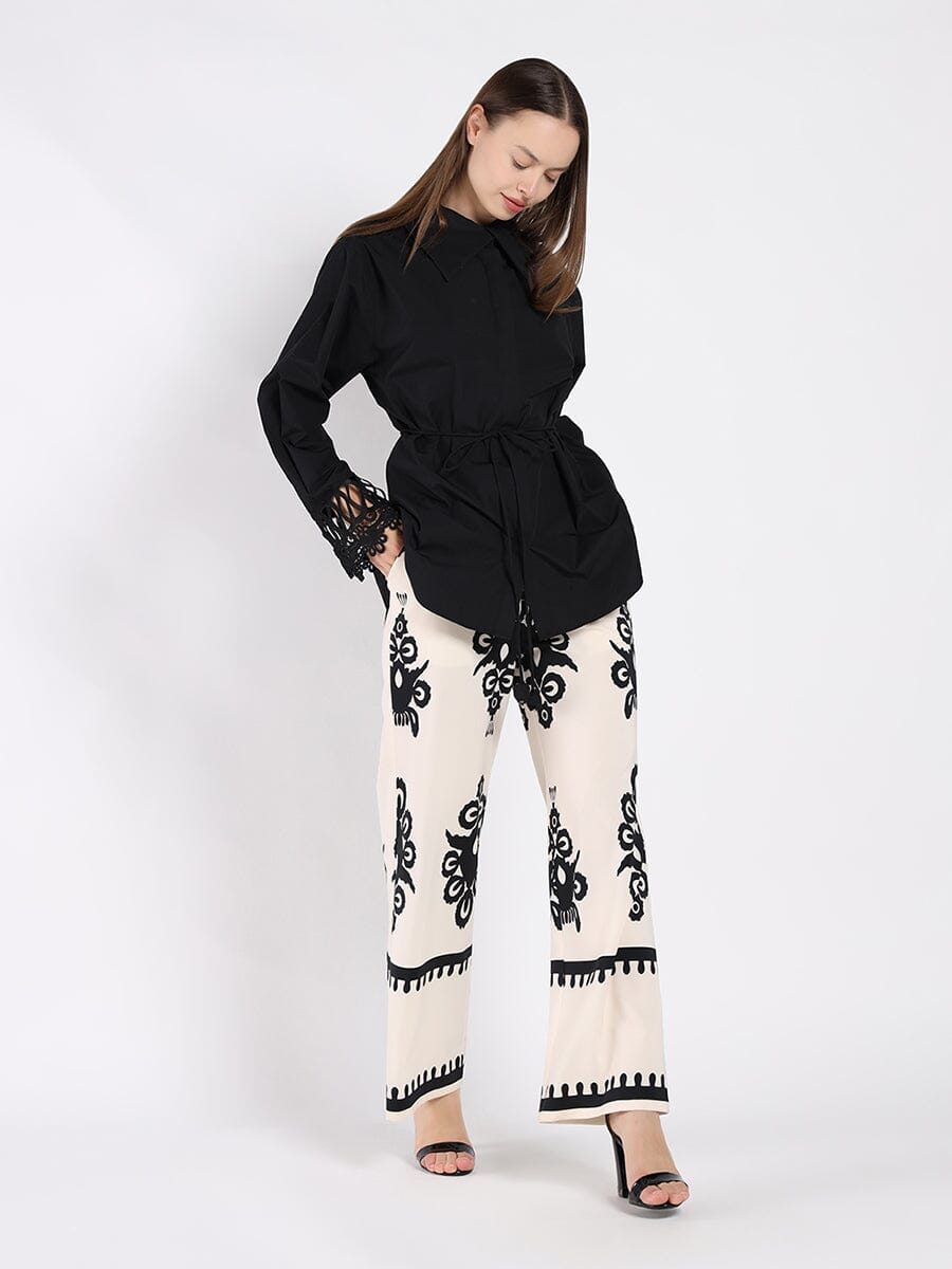 Lace Sleeves Ribbon Belted Shirt TOP Gracia Fashion BLACK S 