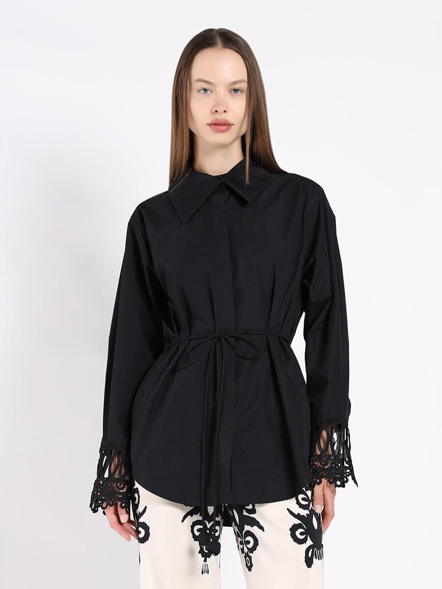 Lace Sleeves Ribbon Belted Shirt TOP Gracia Fashion BLACK S 