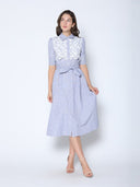 Lace Spliced Striped Tie Belted A-Line Dress DRESS Gracia Fashion 