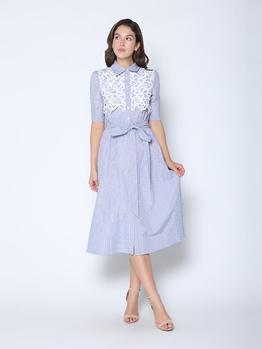 Lace Spliced Striped Tie Belted A-Line Dress DRESS Gracia Fashion BLUE S 
