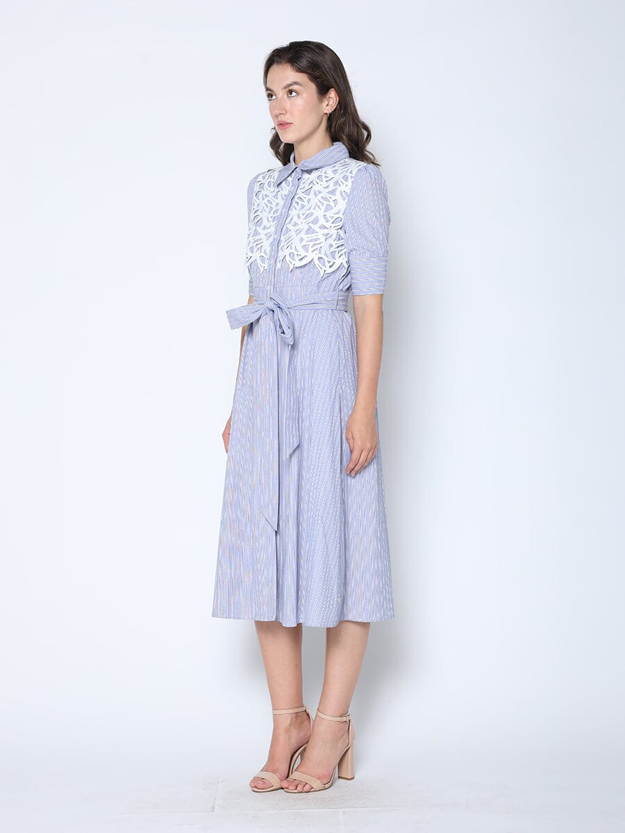 Lace Spliced Striped Tie Belted A-Line Dress - BLUE / S Lace Spliced Striped Tie Belted A-Line Dress - BLUE / S