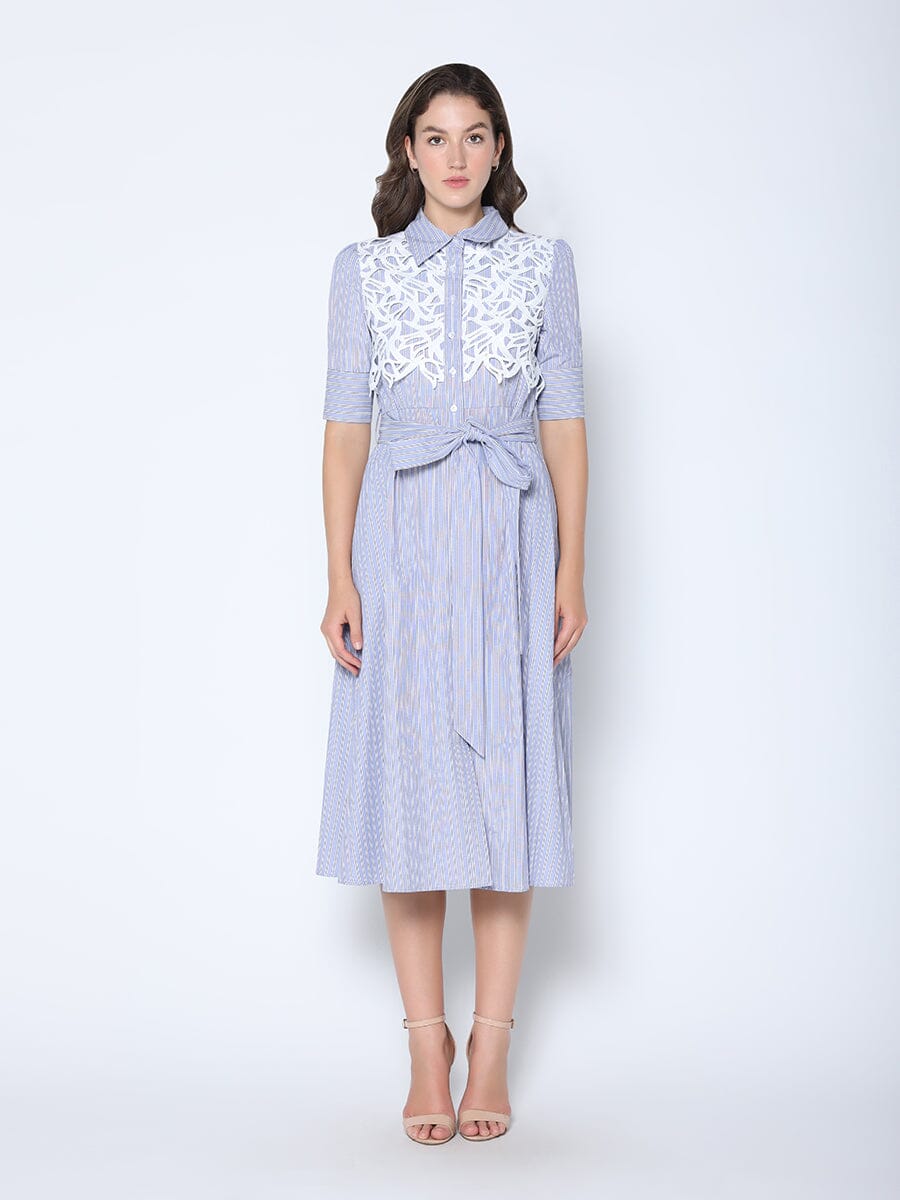 Lace Spliced Striped Tie Belted A-Line Dress DRESS Gracia Fashion BLUE S 