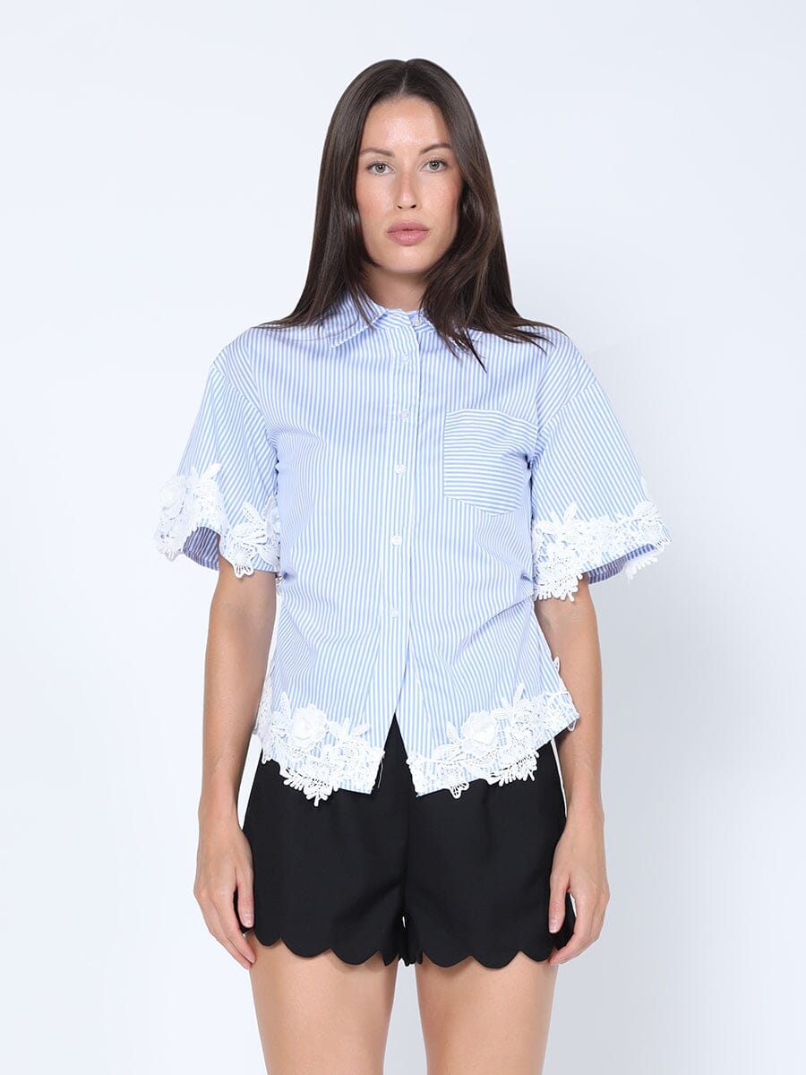 Lace Trim Short Sleeve Stripped Shirt TOP Gracia Fashion BLUE S 