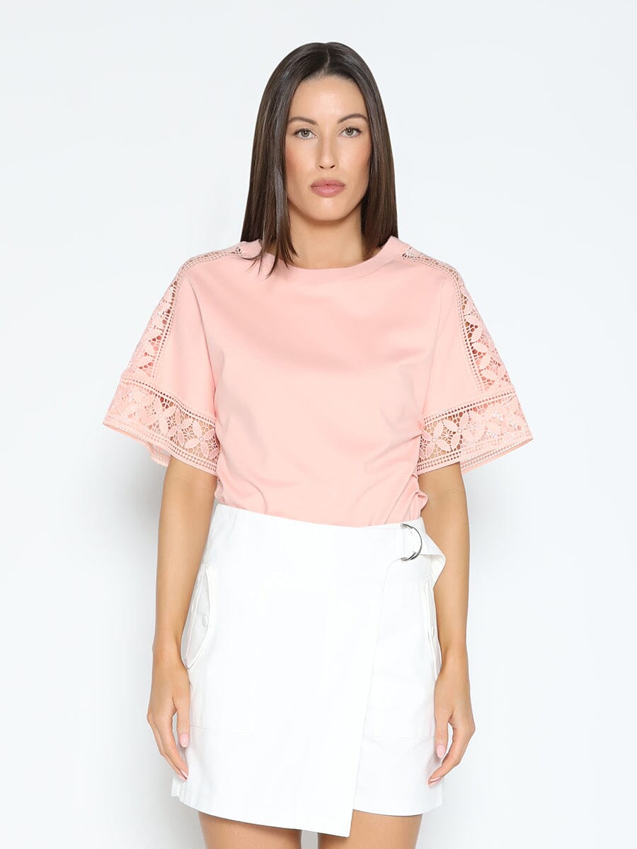 Lace Trimmed Snatched Waist T-Shirt TOP Gracia Fashion PINK S 