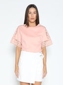 Lace Trimmed Snatched Waist T-Shirt TOP Gracia Fashion Pink S 