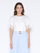 Lace Trimmed Snatched Waist T-Shirt TOP Gracia Fashion White S 