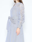 Lace Trimmed Striped Long Sleeve Tie Belted Dress DRESS Gracia Fashion 