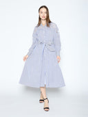 Lace Trimmed Striped Long Sleeve Tie Belted Dress DRESS Gracia Fashion 