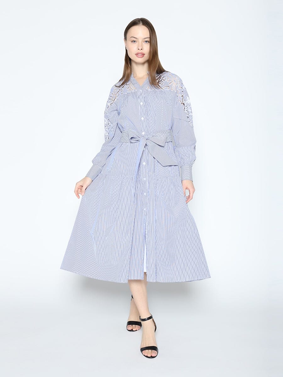 Lace Trimmed Striped Long Sleeve Tie Belted Dress DRESS Gracia Fashion BLUE S 