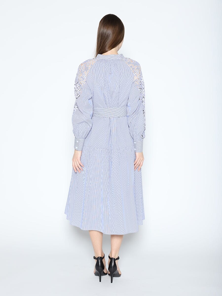 Lace Trimmed Striped Long Sleeve Tie Belted Dress DRESS Gracia Fashion 
