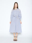Lace Trimmed Striped Long Sleeve Tie Belted Dress DRESS Gracia Fashion BLUE S 