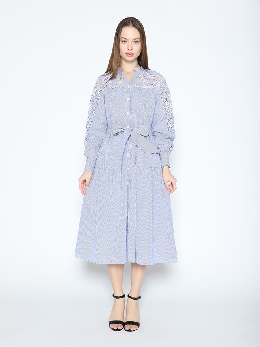 Lace Trimmed Striped Long Sleeve Tie Belted Dress DRESS Gracia Fashion BLUE S 