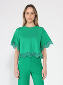 Lace Wavy Hem Short Sleeve T-Shirt TOP Gracia Fashion GREEN S 