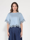 Lace Wavy Hem Short Sleeve T-Shirt TOP Gracia Fashion L/BLUE S 