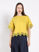 Lace Wavy Hem Short Sleeve T-Shirt TOP Gracia Fashion MUSTARD S 