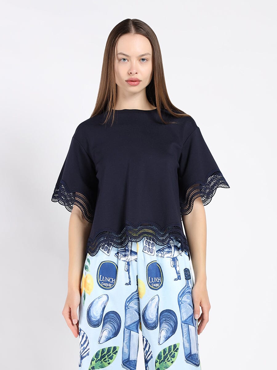 Lace Wavy Hem Short Sleeve T-Shirt TOP Gracia Fashion NAVY S 
