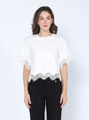 Lace Wavy Hem Short Sleeve T-Shirt TOP Gracia Fashion WHITE S 