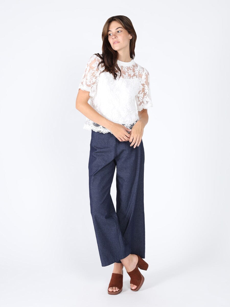 Lace work crew neck scallop hem top TOP Gracia Fashion WHITE S 