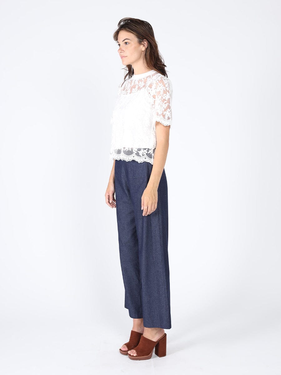 Lace work crew neck scallop hem top TOP Gracia Fashion 