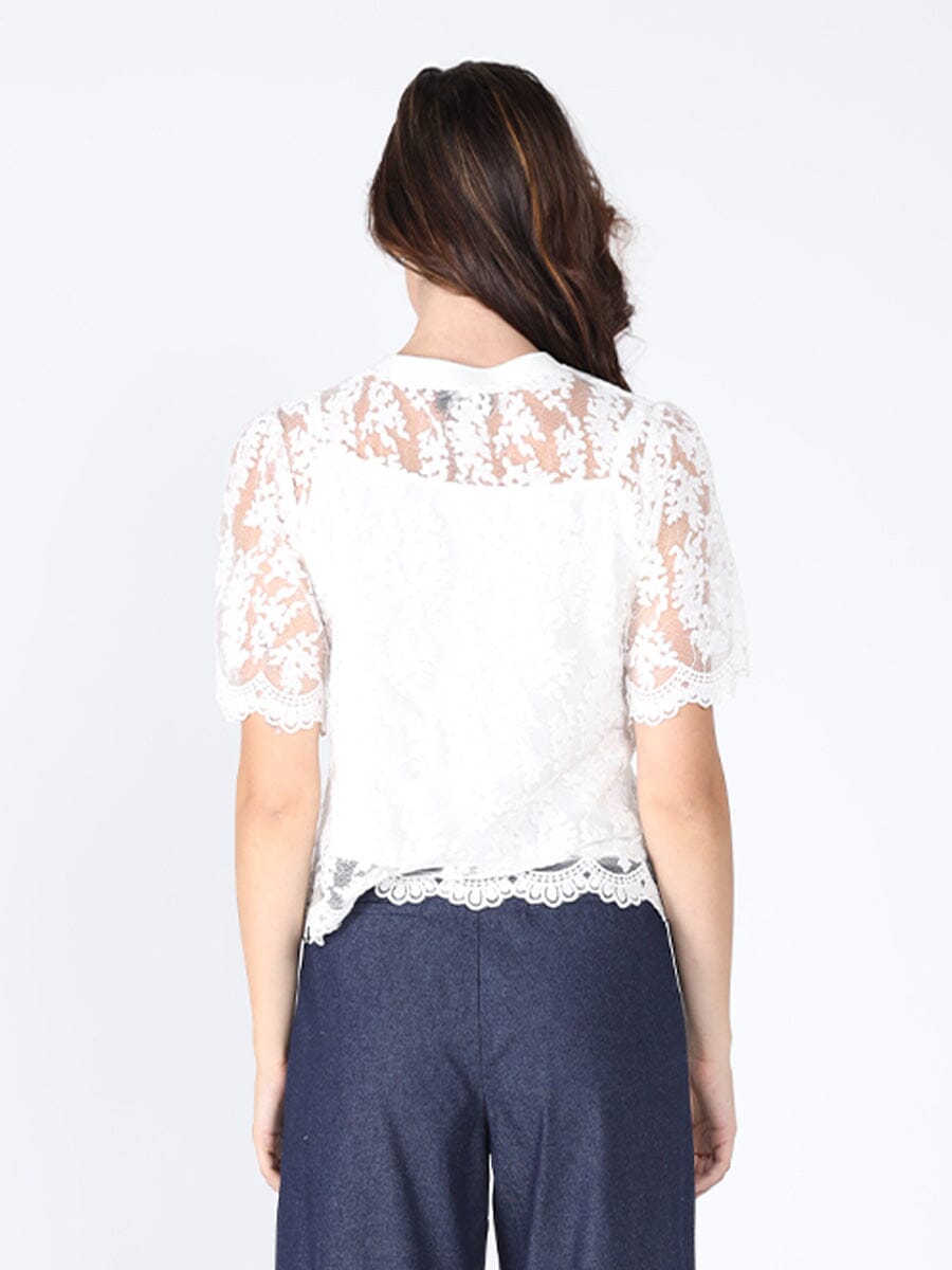 Lace work crew neck scallop hem top TOP Gracia Fashion 