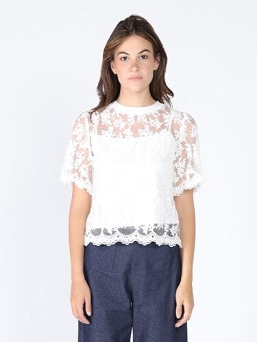 Lace work crew neck scallop hem top TOP Gracia Fashion WHITE S 