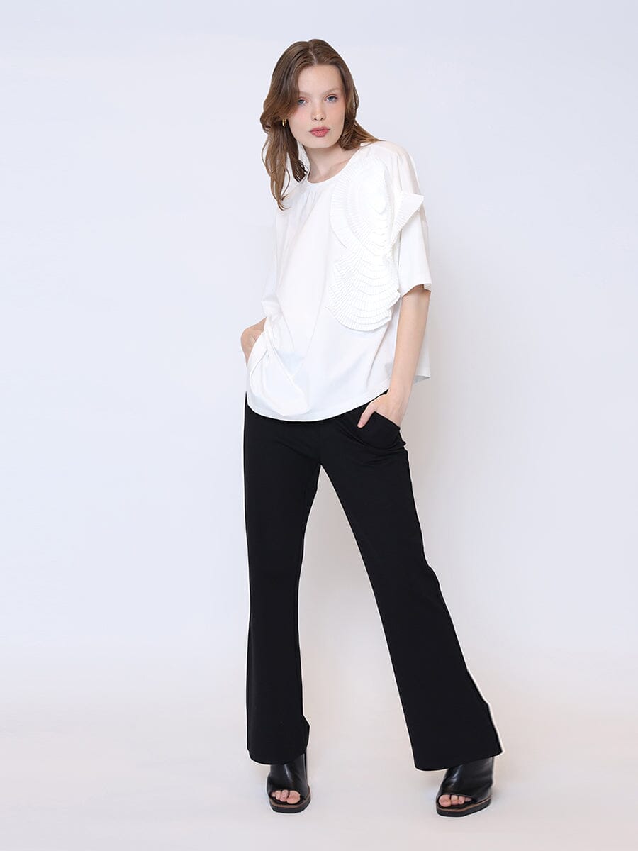 Large Flower Detail Unbalanced T-Shirt TOP Gracia Fashion WHITE S 