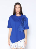 Large Flower Detail Unbalanced T-Shirt TOP Gracia Fashion ROYAL BLUE S 