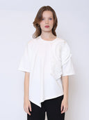 Large Flower Detail Unbalanced T-Shirt TOP Gracia Fashion WHITE S 