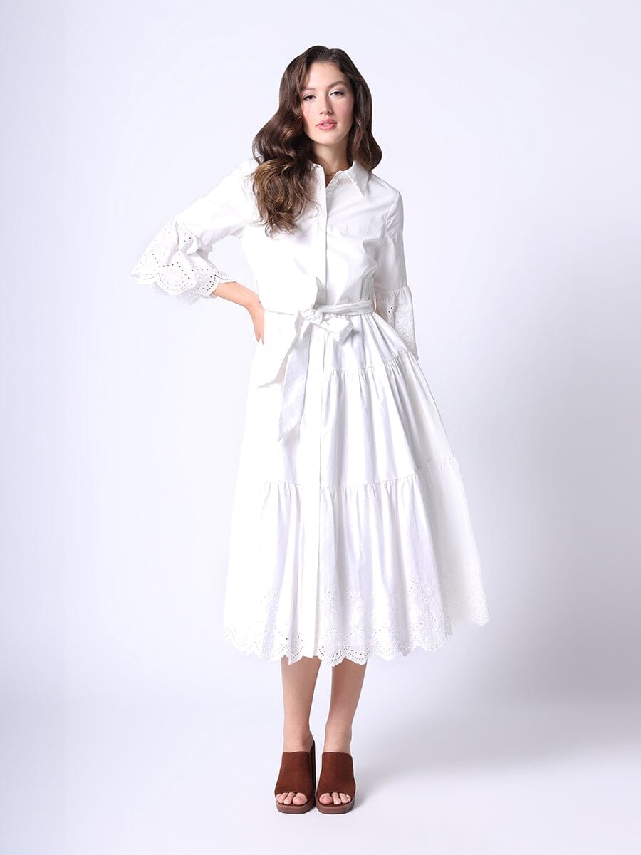 Layer Ruffle Skirt Shirt Dress with Waist Ribbon DRESS Gracia Fashion WHITE S 
