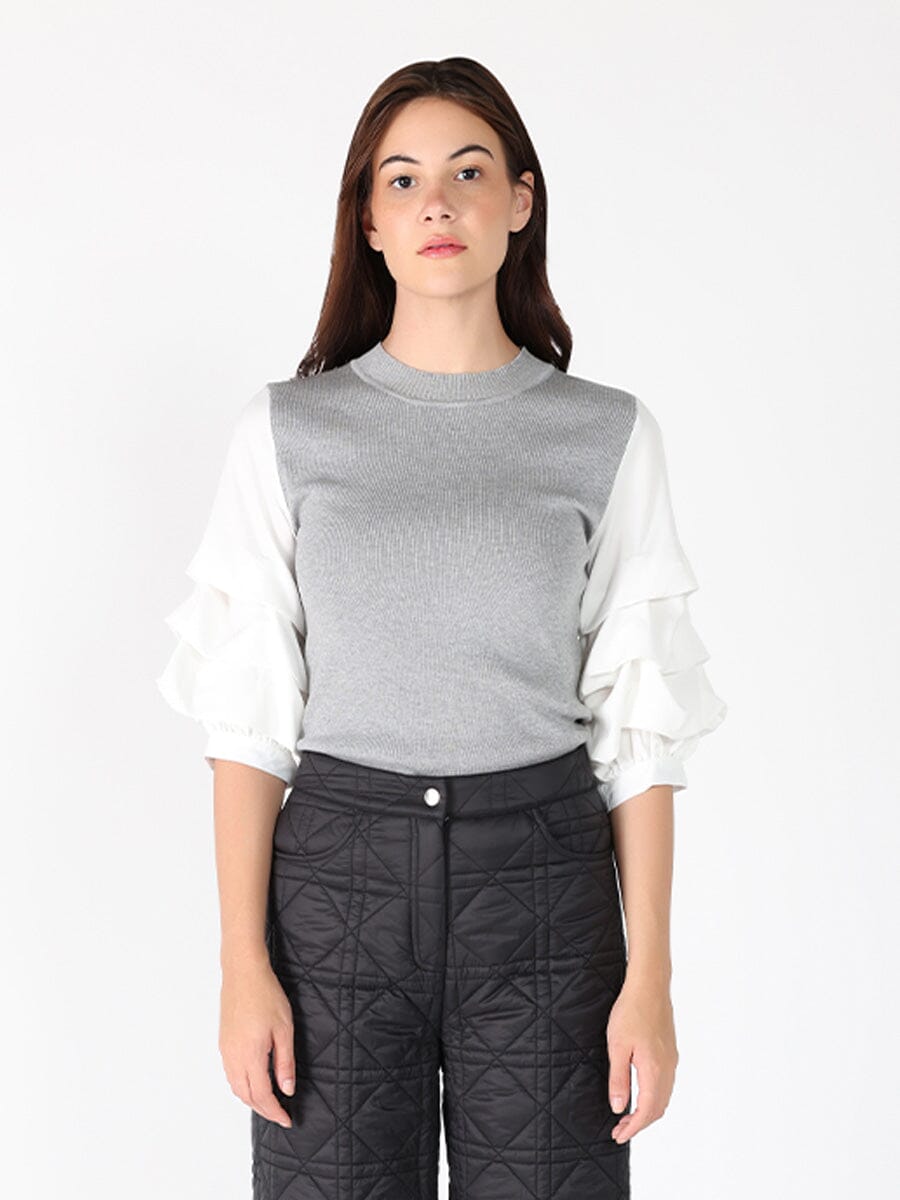 Layered gather sleeve knit top TOP Gracia Fashion GREY S 