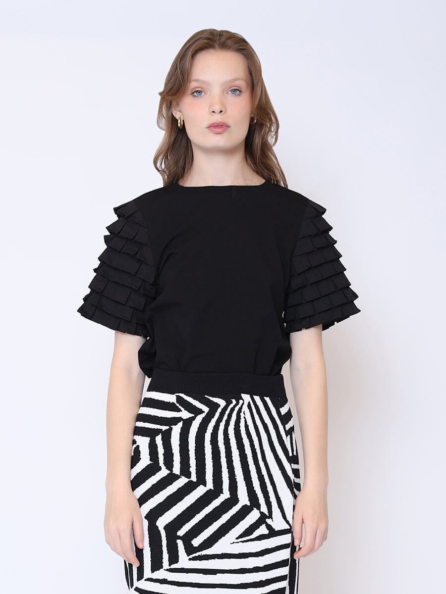 Layered Ruffle Short Sleeve Solid Color T-Shirt TOP Gracia Fashion BLACK S 