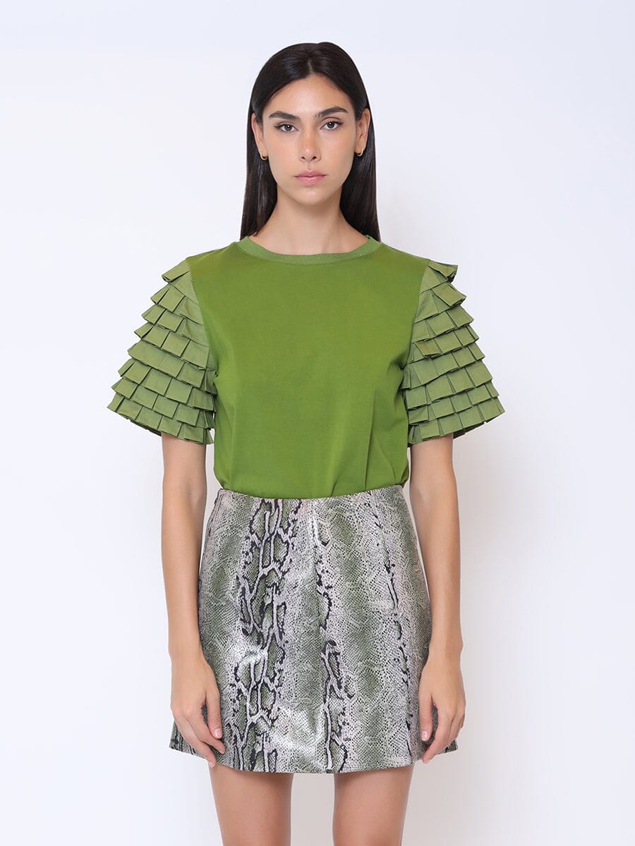 Layered Ruffle Short Sleeve Solid Color T-Shirt TOP Gracia Fashion OLIVE S 