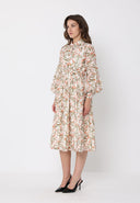 Leaf print puffed long sleeve belt dress DRESS Gracia Fashion 