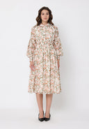 Leaf print puffed long sleeve belt dress DRESS Gracia Fashion ORANGE S 