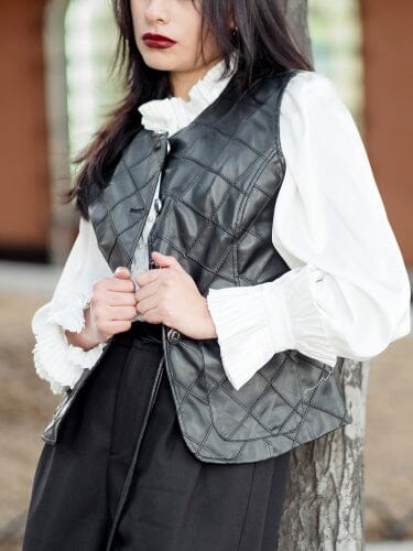 Leather Crew Neck Vest JACKET Gracia Fashion BLACK S 